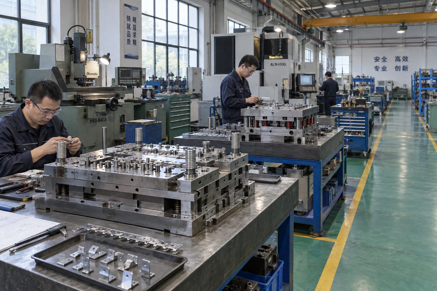 模具车间里的钳工台、磨床和线切割机