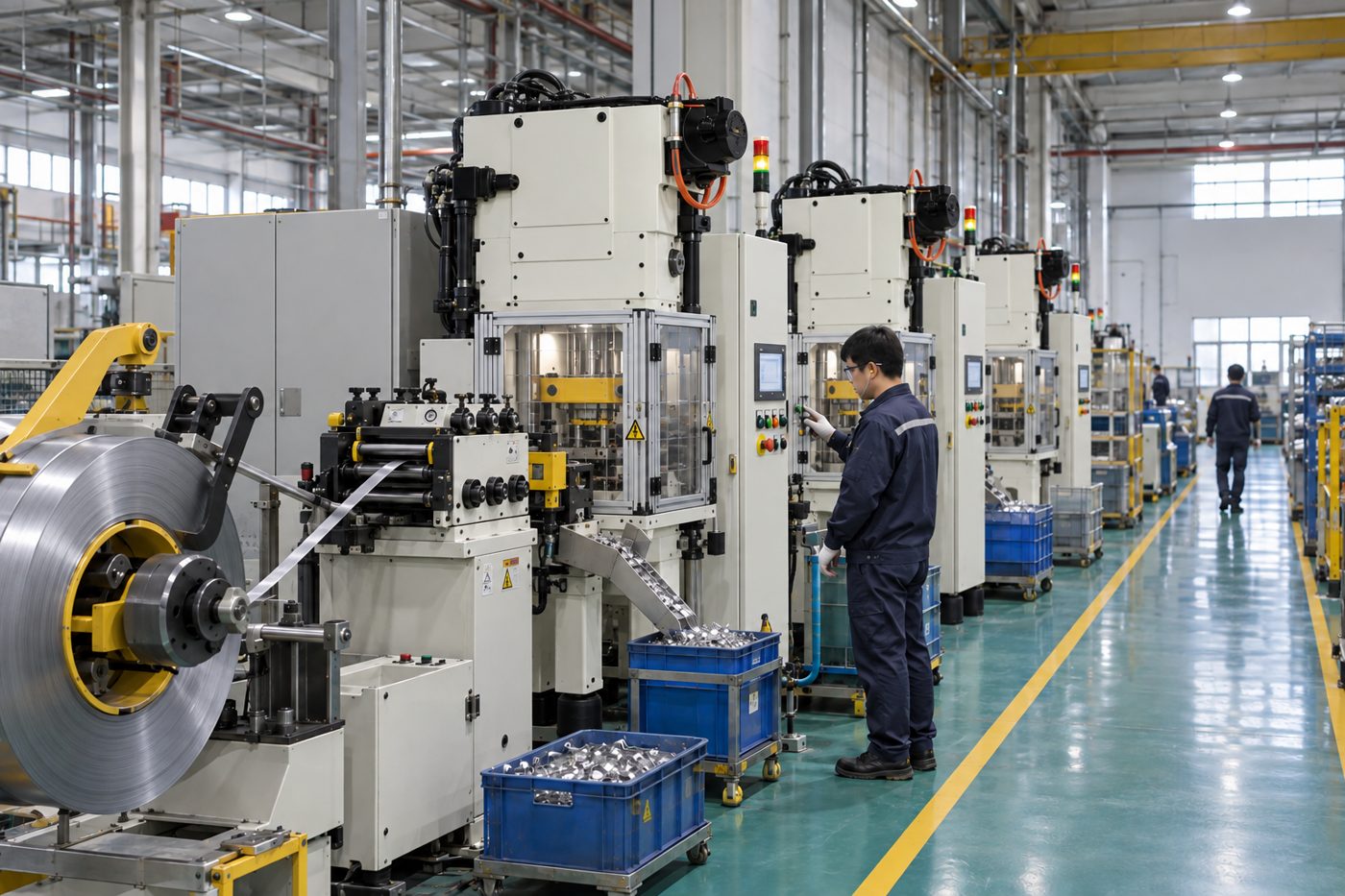 五金冲压生产线,师傅在操作冲床